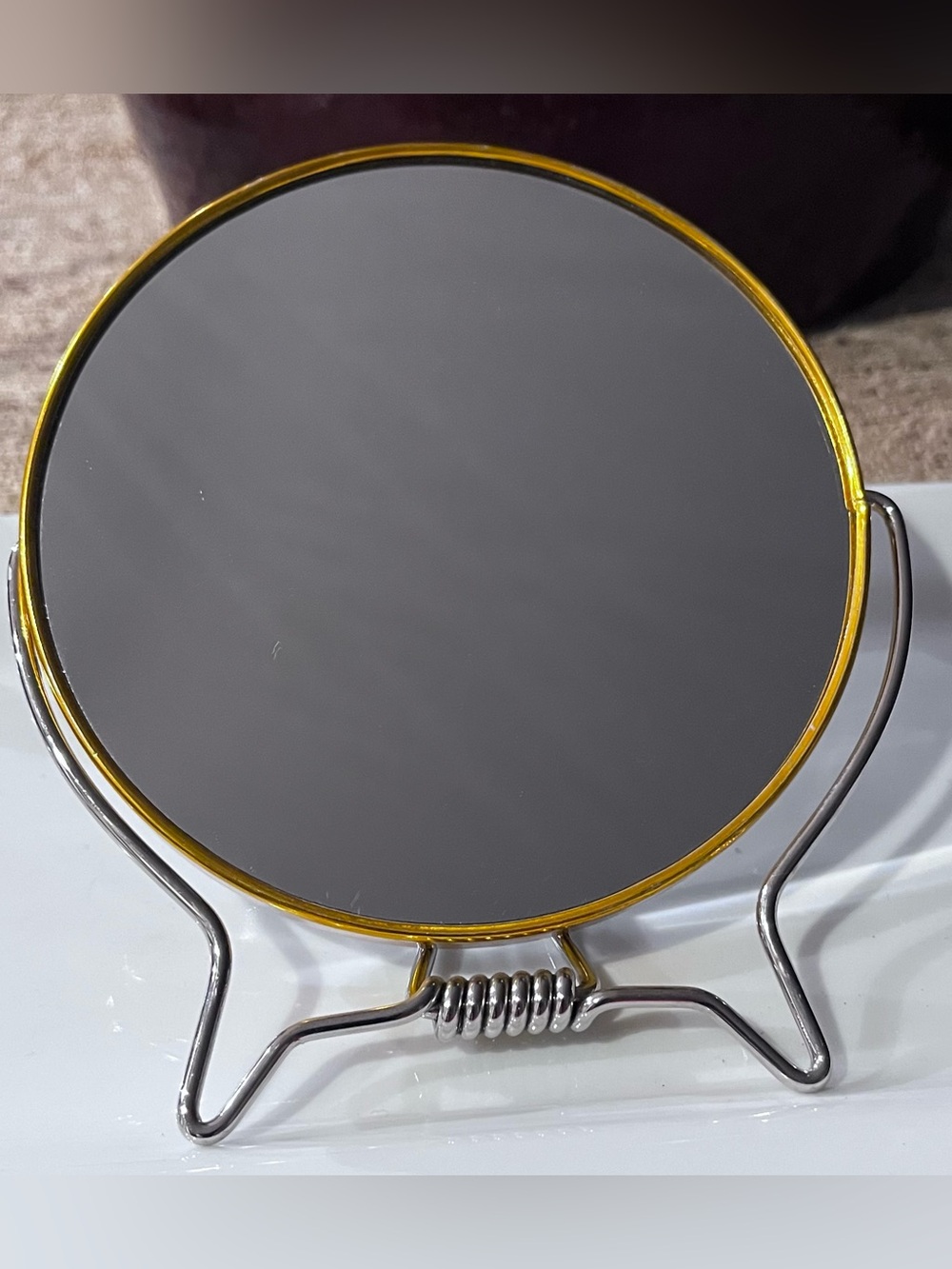 Vintage Gold-Trim Round Vanity Mirror with Chrome Stand 5”